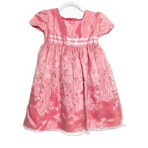 Pink Shimmery Size 4 Girls Dress W/ Floral Embroidery & Bow Details Short Sleeve